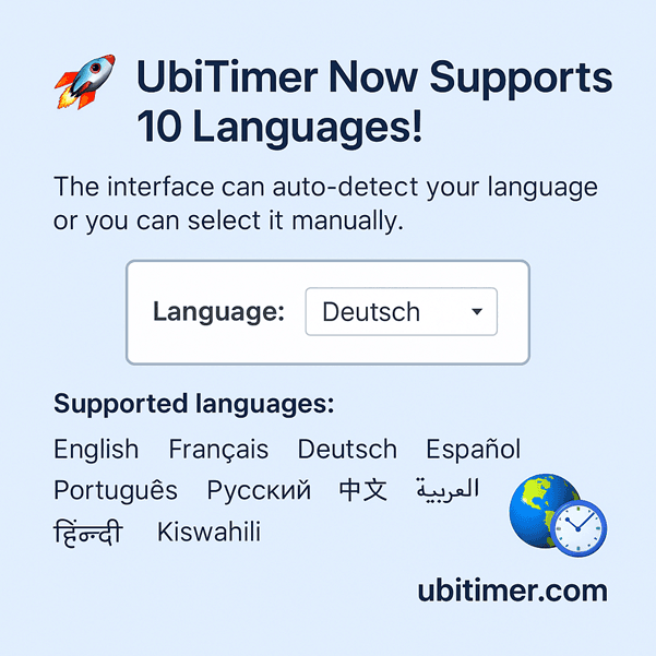 UbiTimer multi-language support announcement banner featuring a digital timer, classroom background, and icons for English, French, German, Spanish, Portuguese, Russian, Chinese, Arabic, Hindi, Swahili. Presentation timer, classroom timer, PowerPoint add-in, language support, educational technology.