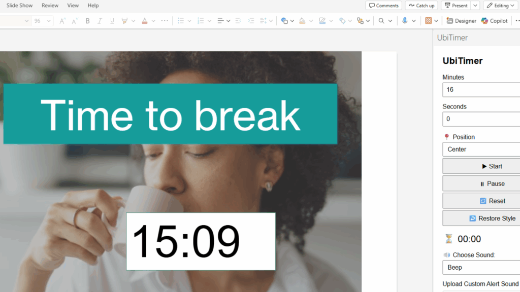 PowerPoint timer add-in (UbiTimer) showing a 5-minute countdown on a slide