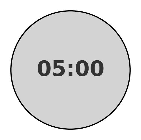 PowerPoint countdown timer template showing a 5-minute circular timer with large digital numbers.