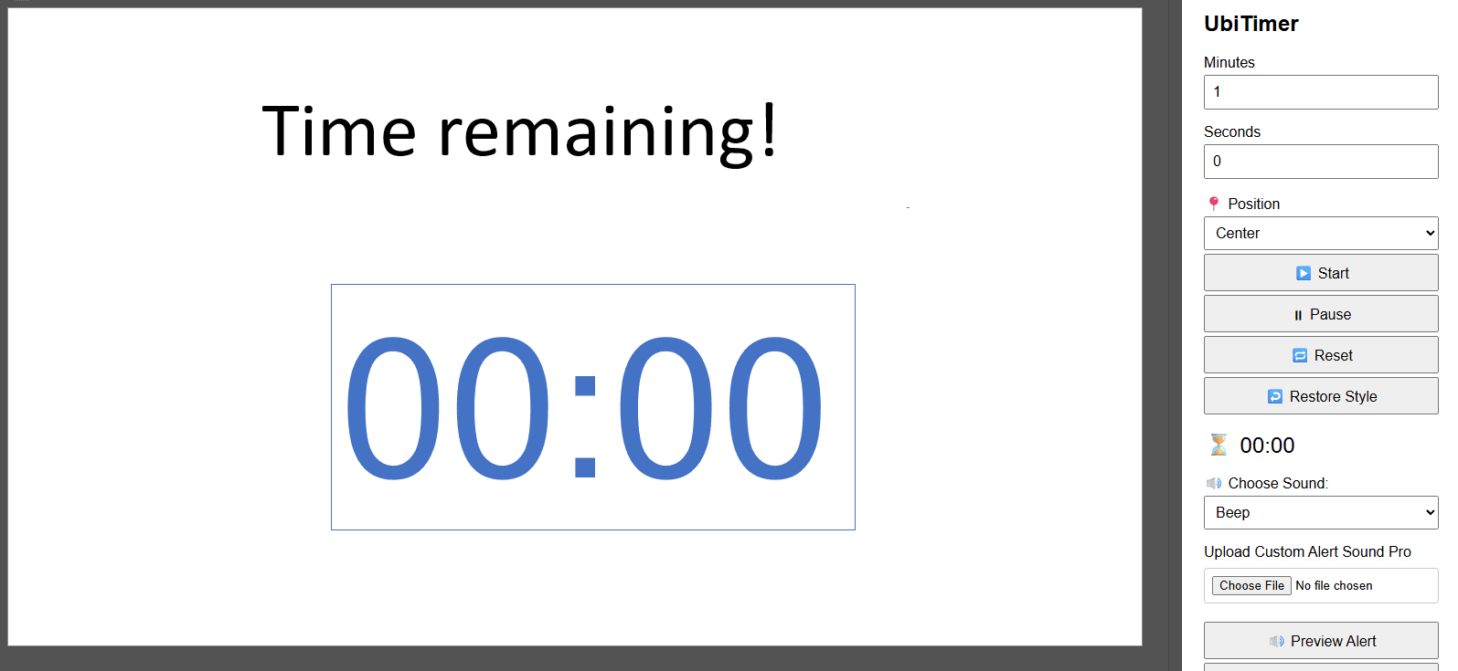 UbiTimer running a 5-minute classroom countdown on a PowerPoint slide (edit mode)