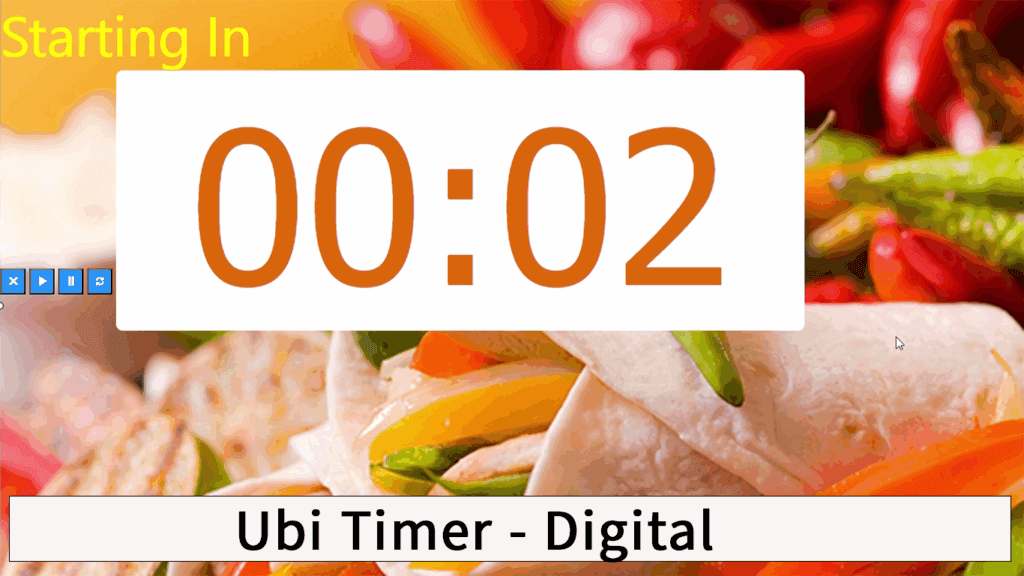 PowerPoint timer add-in (UbiTimer) running a 5-minute countdown in Slide Show.