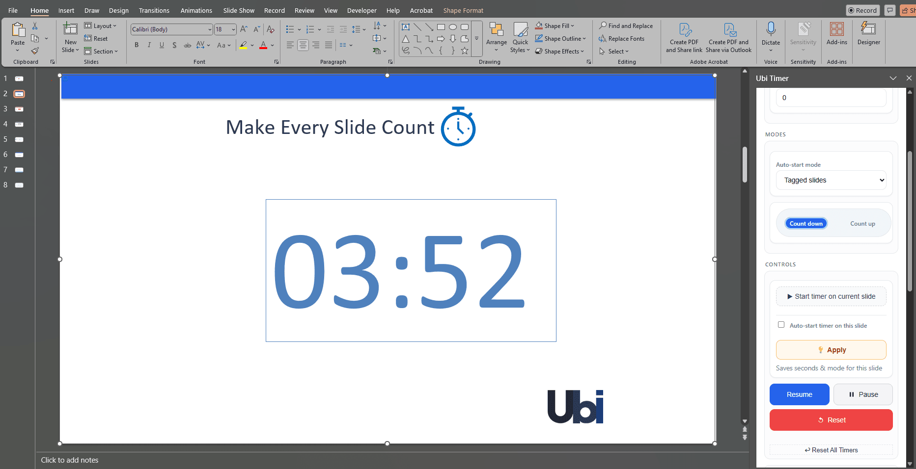 UbiTimer Global Timer running in a PowerPoint presentation