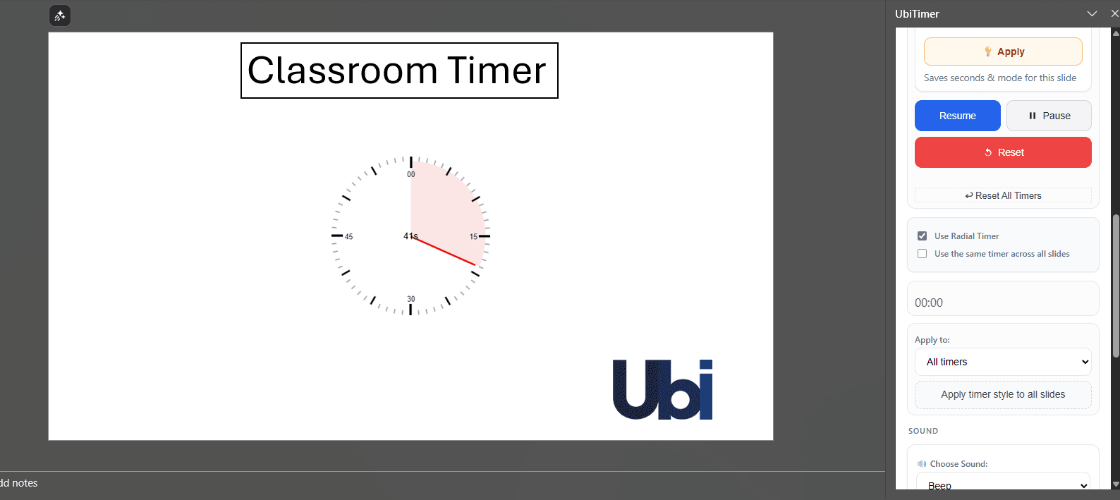 PowerPoint classroom timer add-in with radial and digital countdown on slides