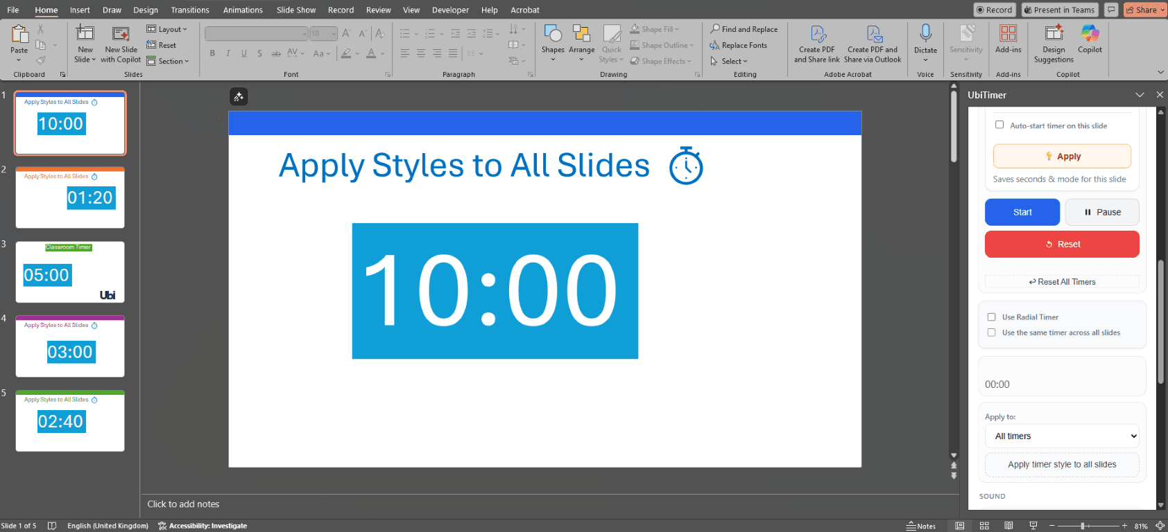 Apply consistent PowerPoint timer styles across university presentation slides using UbiTimer