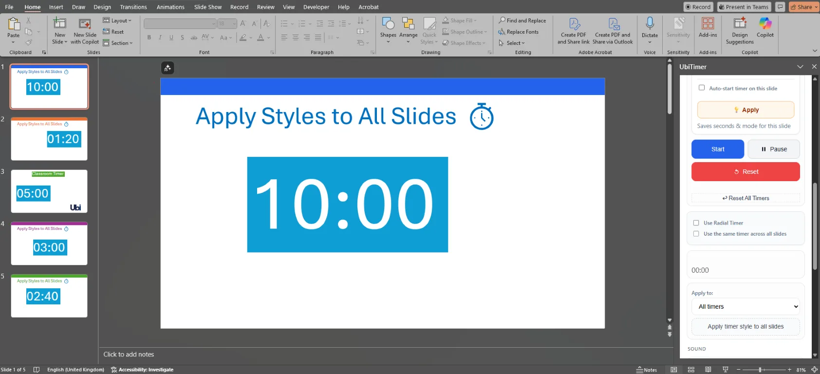 UbiTimer apply styles to all slides while using timer across slides PowerPoint mode